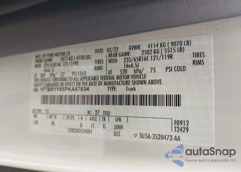 2023 Ford Transit-250 z USA, uszkodzony, nr VIN 1FTBR1Y85PKA87634